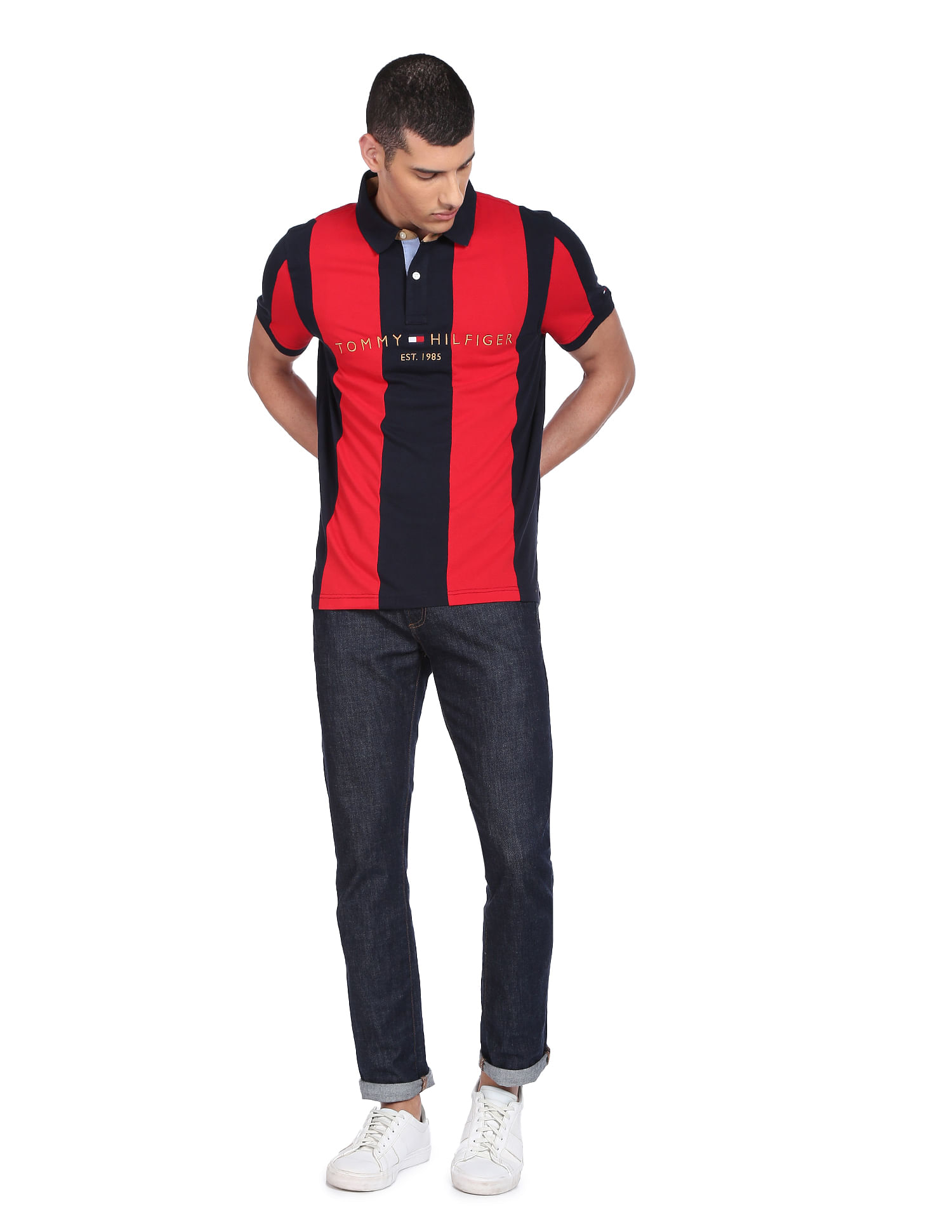 Tommy Hilfiger Men Navy And Red Caldwell Pure Cotton Vertical Stripe Polo Shirt