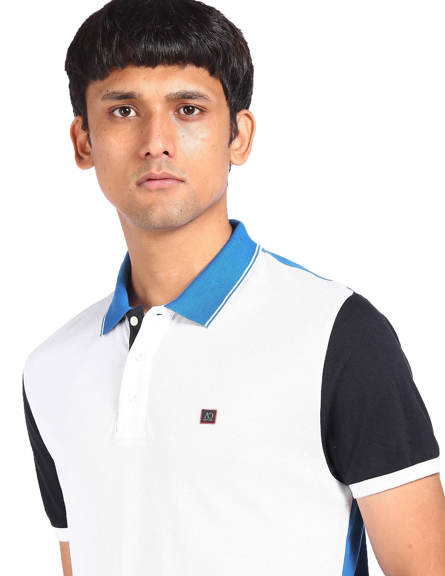 Buy AD by Arvind Men Navy And Yellow Cotton Colour Block Logo Polo Shirt -  NNNOW.com