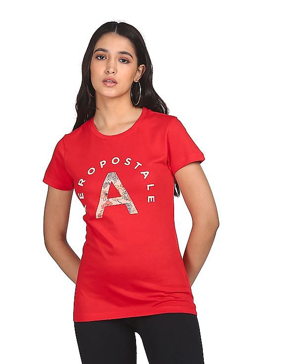 Aeropostale Women Red Ribbed Neck Brand Print T-Shirt