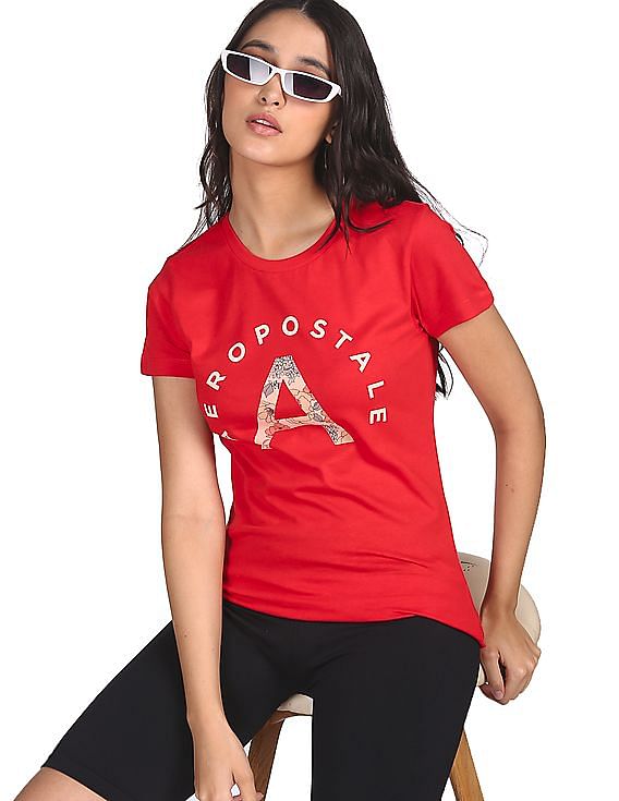 Aeropostale Women Red Ribbed Neck Brand Print T-Shirt