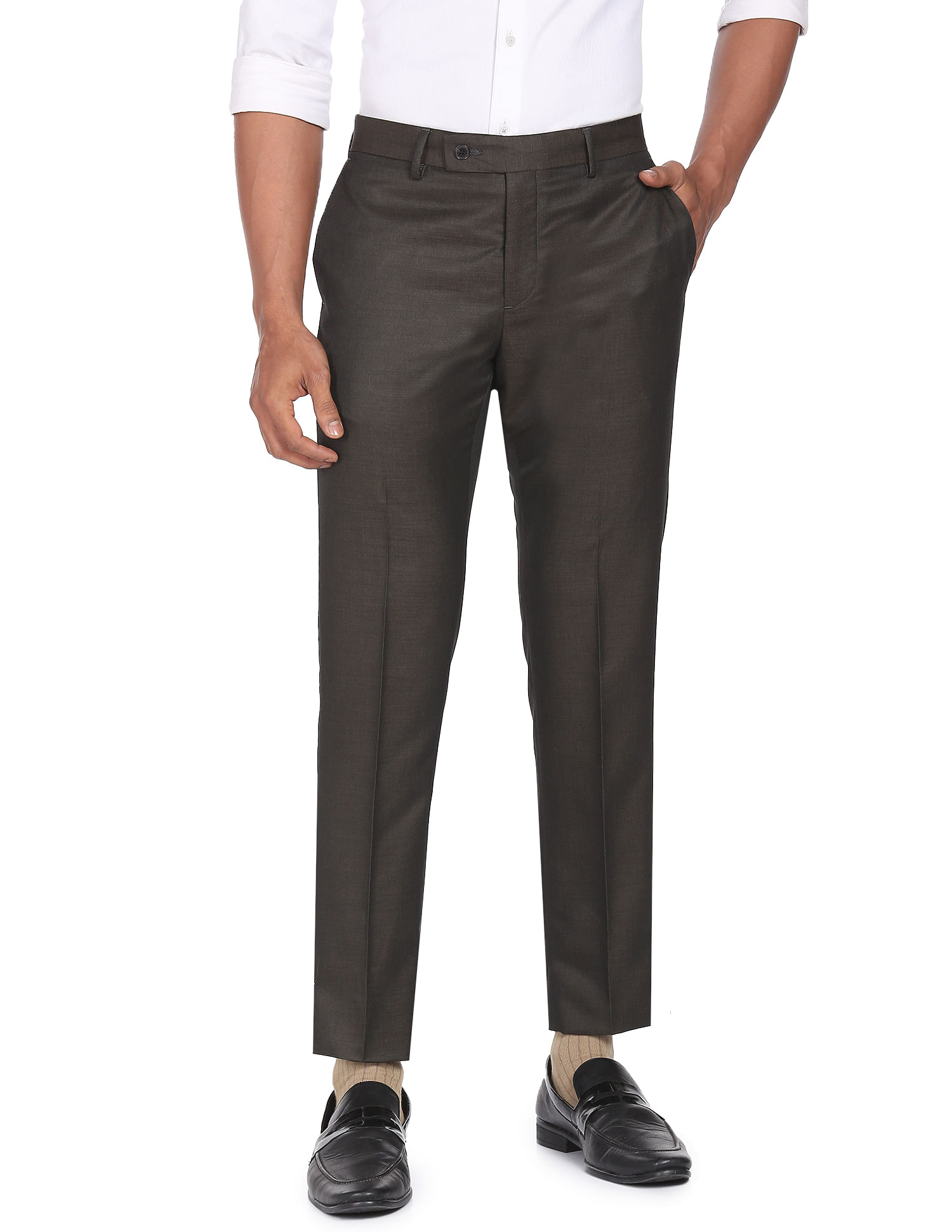 Buy Peter England Men Black Solid Slim Fit Formal Trousers Online