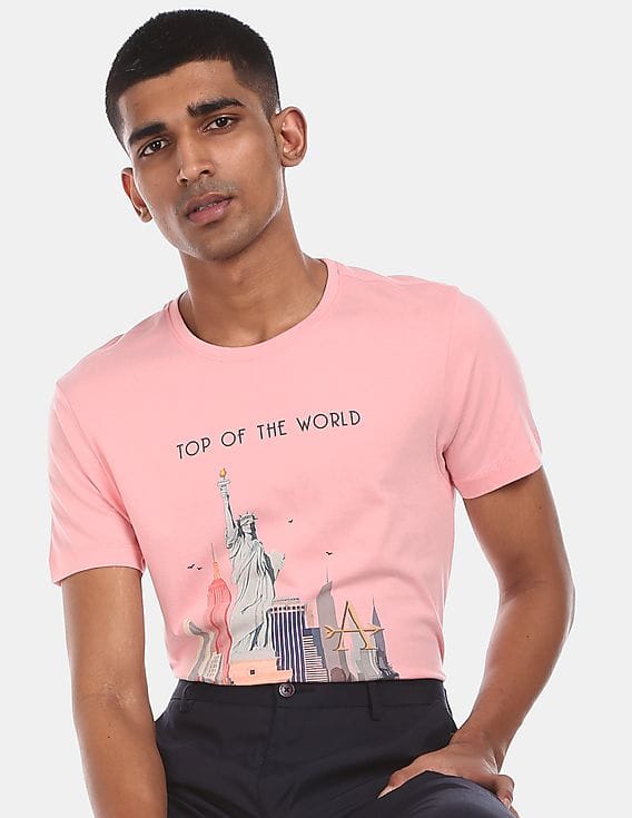 Men Pink Crew Neck Graphic Print 