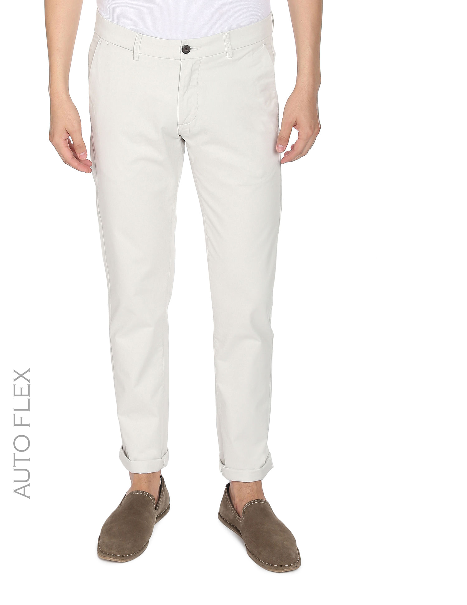 Linen Club White Slim Fit Linen Flat Front Trousers