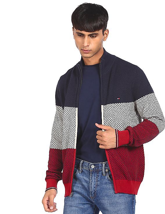 Tommy Hilfiger Men Blue Full Zipper Brand Logon Sweater