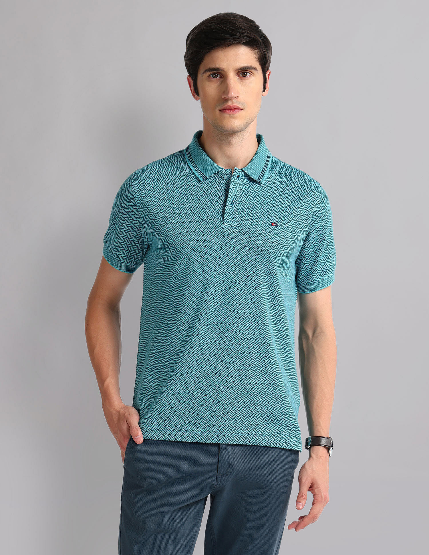 AD by Arvind Patterned Knit Slim Fit Polo Shirt