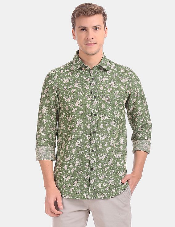 U.S. Polo Assn. Spread Collar Floral Print Linen Cotton Casual Shirt