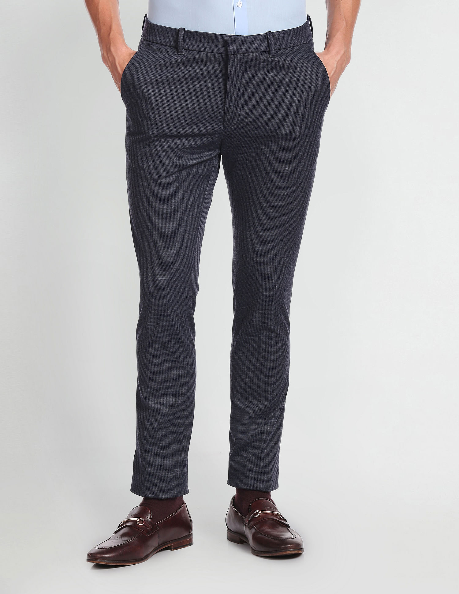 Buy Men Navy Solid Ultra Slim Fit Trousers Online - 498787 | Van Heusen