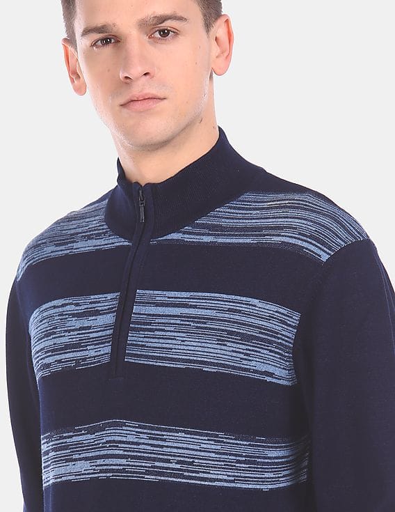 Buy Arrow Blue Jeans Company High Neck Half Zip Striped Sweater