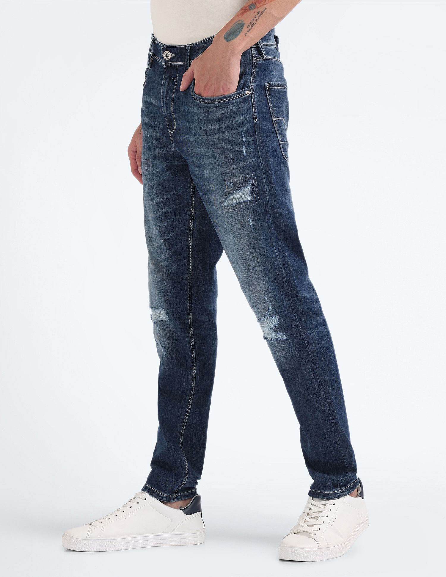 Flying Machine Mid Rise Slash Slim Tapered Jeans