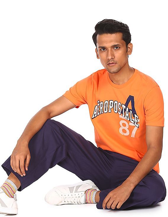 Aeropostale Men Orange Crew Neck Appliqued Logo T-Shirt