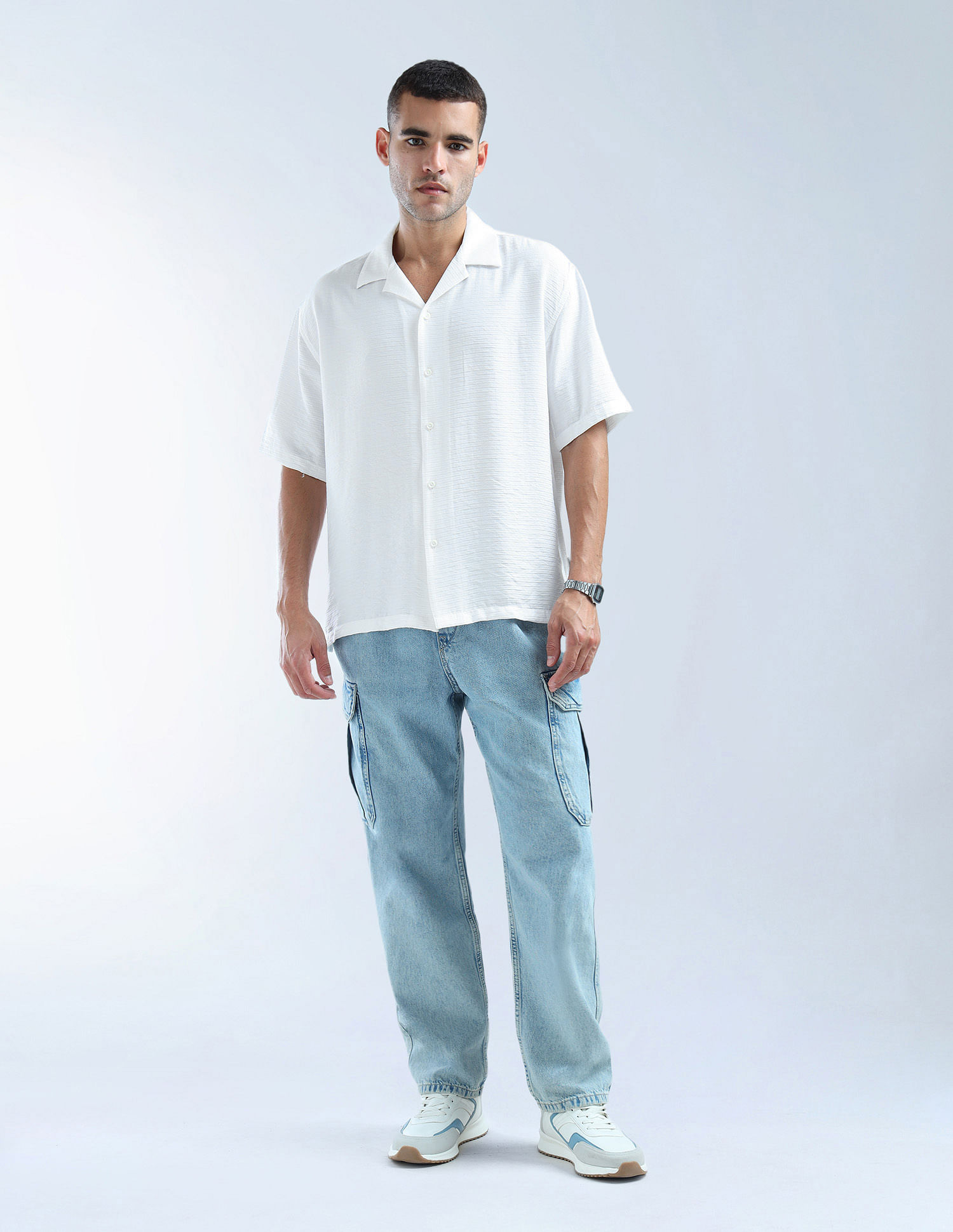 Flying Machine Oversized Fit Herringbone Cuban Shirt