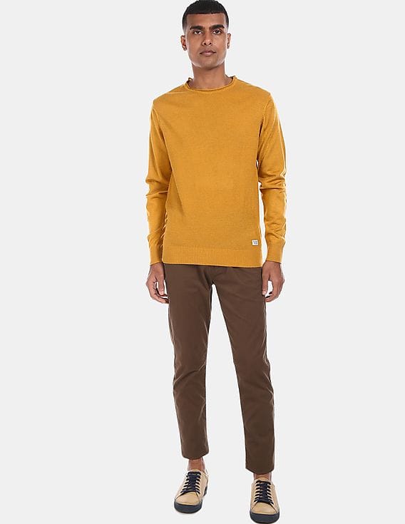 Men Mustard Crew Neck Textured Sweater 