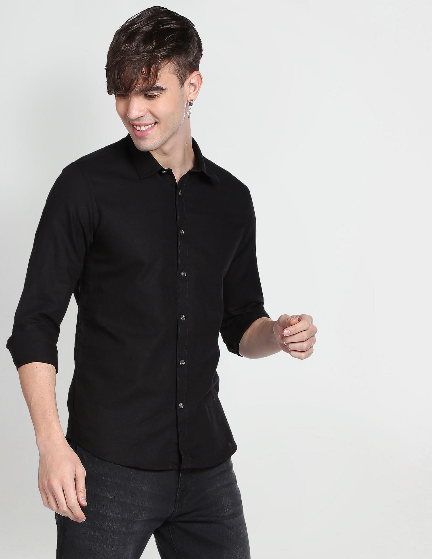 Flying Machine Spread Collar Solid Shirt