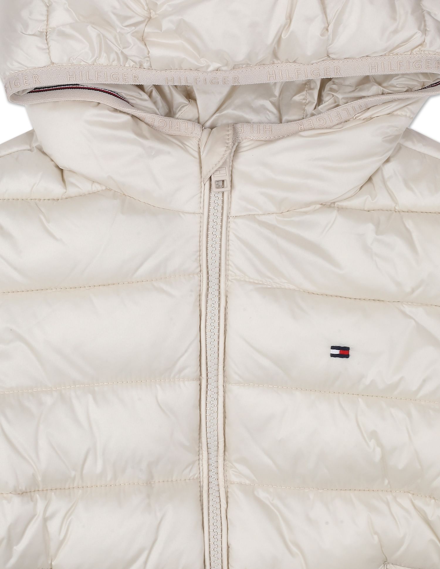 Buy Tommy Hilfiger Kids Girls Off White Brand Tape Quilted Hooded Jacket NNNOW