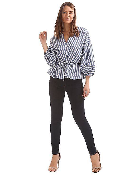 Buy GAP Women Women Blue Stripe Balloon Sleeve Top With Buy GAP Women Women Blue Stripe Balloon Sleeve Top With