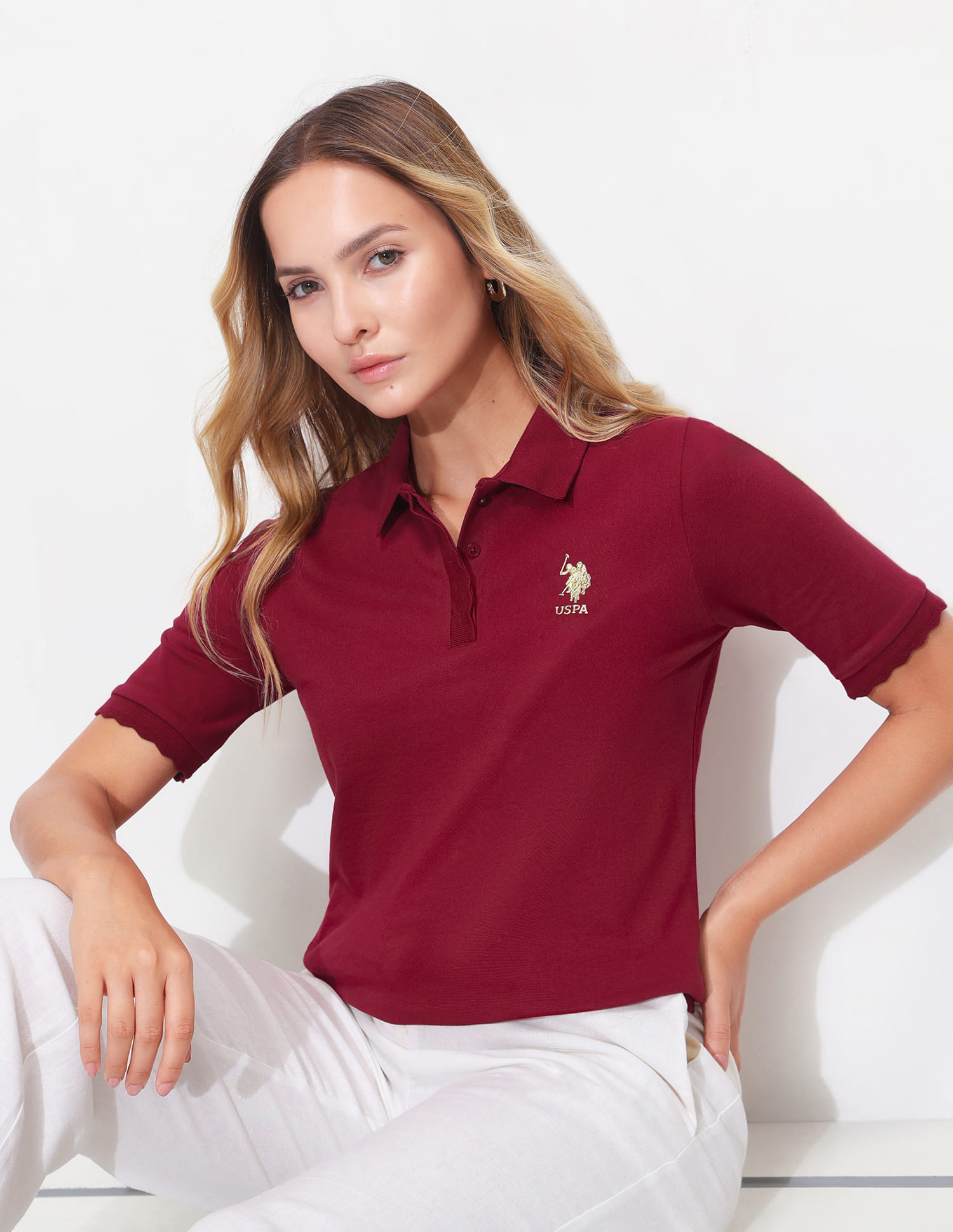 Buy U.S. Polo Assn. Women Solid Scallop Detail Polo Shirt - NNNOW.com