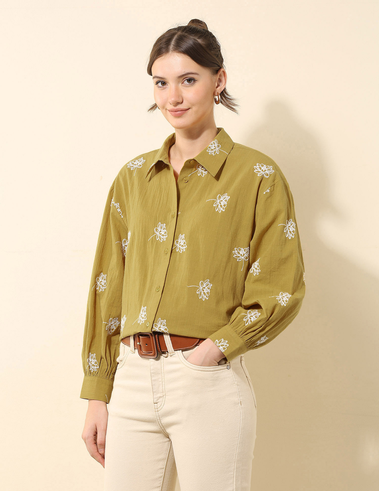 U.S. Polo Assn. Women Floral Embroidered Dobby Shirt