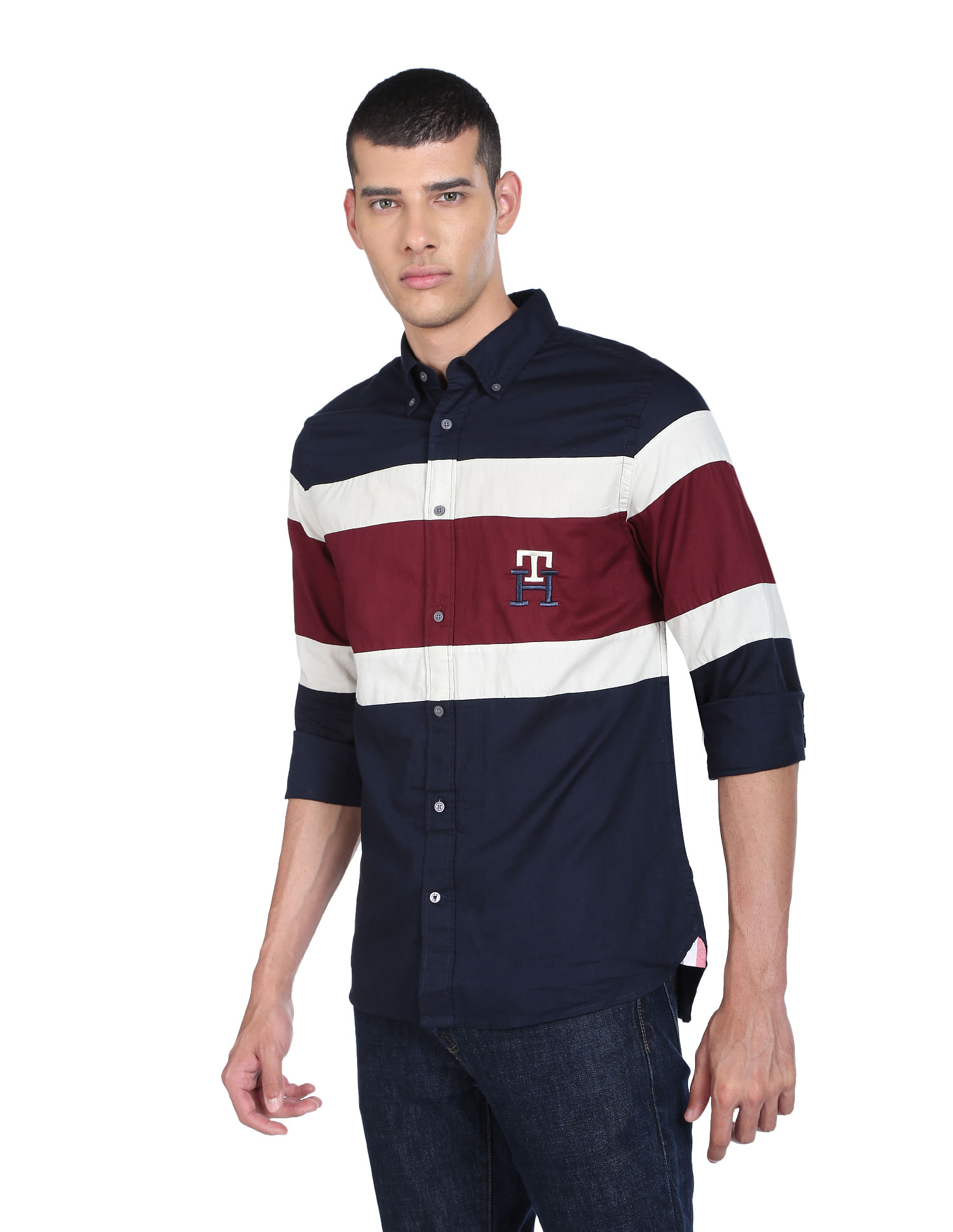 Tommy Hilfiger Men Navy Monogram Blocking Regular Fit Casual Shirt