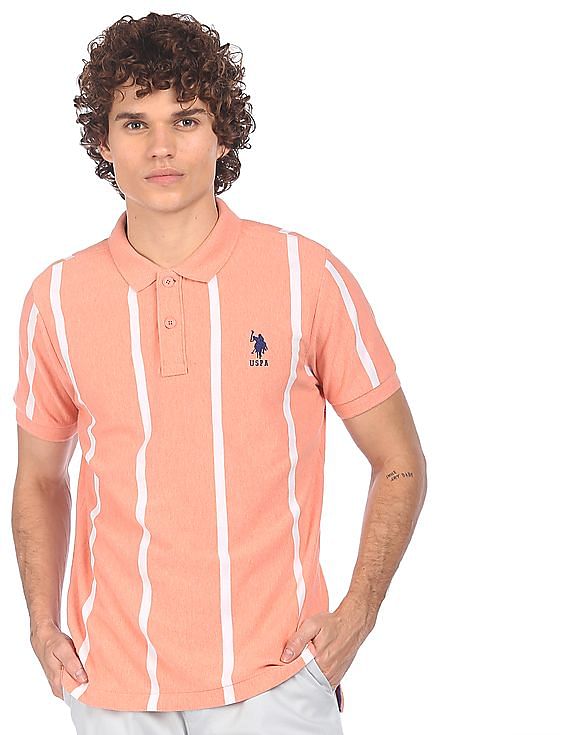 U.S. Polo Assn. Men Peach Striped Short Sleeve Polo Shirt