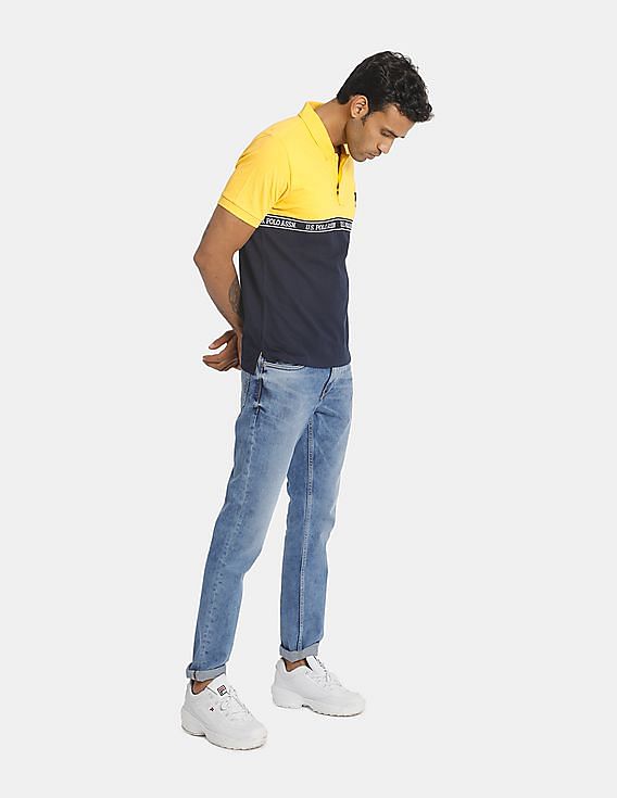 U.S. Polo Assn. Men Yellow And Navy Colour Block Pique Polo Shirt