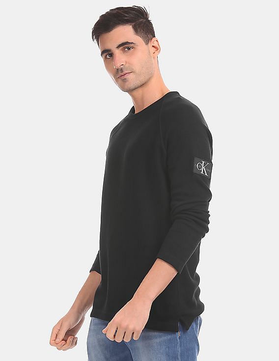 Calvin Klein Men Black Monogram Raglan Sleeve Waffle Knit T-Shirt
