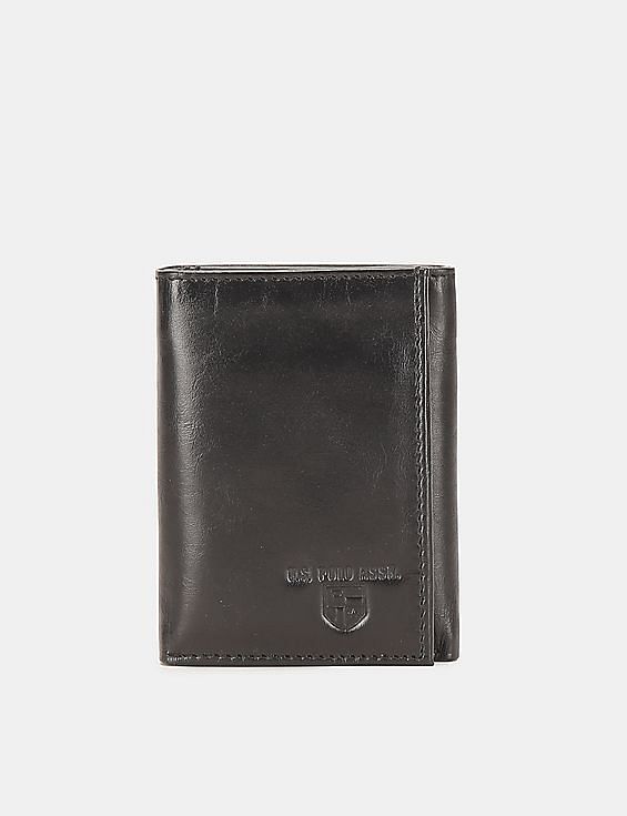 U.S. Polo Assn. Men Black Tri-Fold Brand Embossed Leather Wallet