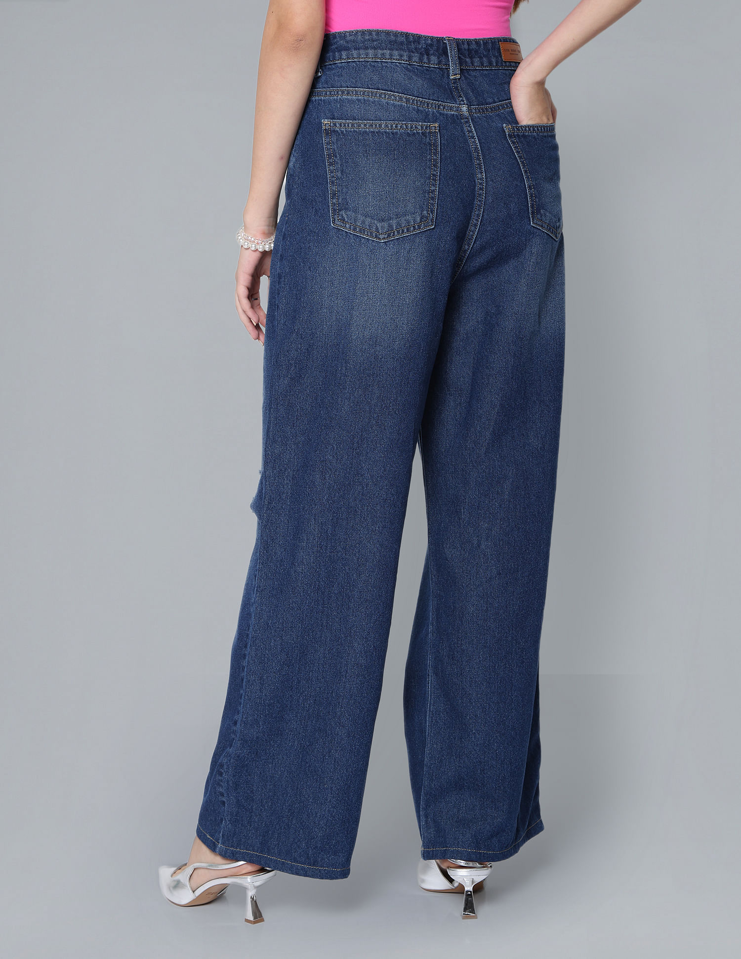 Flying Machine Women High Rise Wide Leg Distressed Jeans