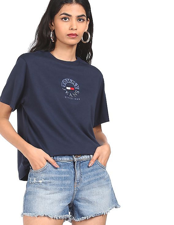 Buy Tommy Hilfiger Women Navy Round Neck Brand Print T-Shirt - NNNOW.com