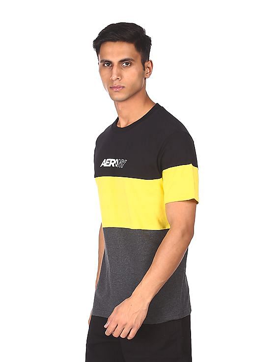 Aeropostale Men Black And Yellow Cotton Colour Block T-Shirt