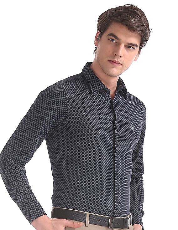 USPA Tailored Blue Slim Fit Printed Shirt