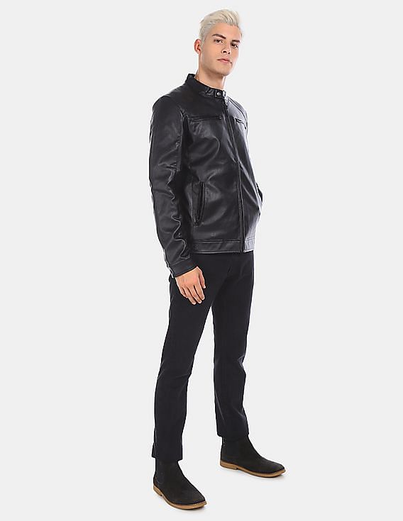 U.S. Polo Assn. Men Black Mandarin Collar Solid Biker Jacket