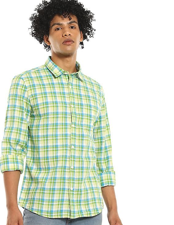 Blue Spread Collar Checked Casual Shirt 