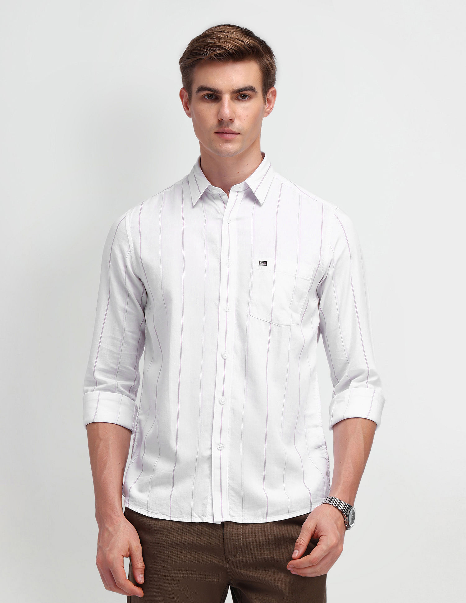 Arrow Sport Manhattan Slim Fit Vertical Striped Shirt