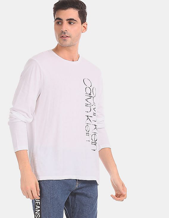 Calvin Klein Men White Full Sleeve Printed Cotton T-Shirt