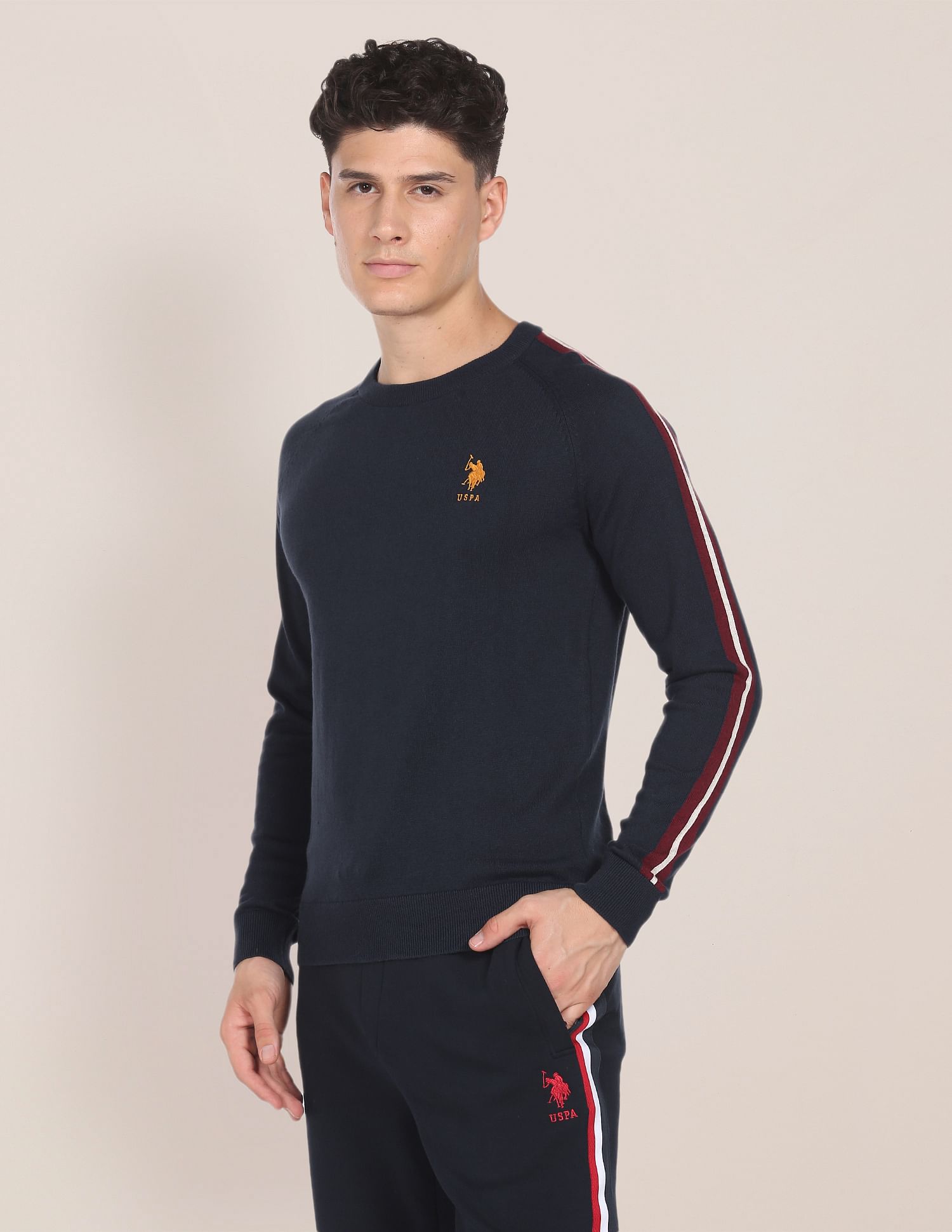 U.S. Polo Assn. Contrast Logo Striped Sleeve Sweater