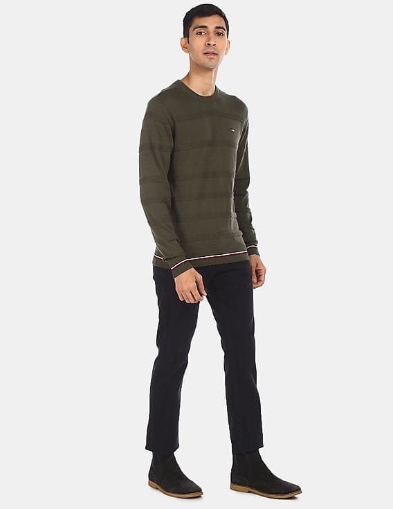 Olive Crew Neck Patterned Knit Sweater 