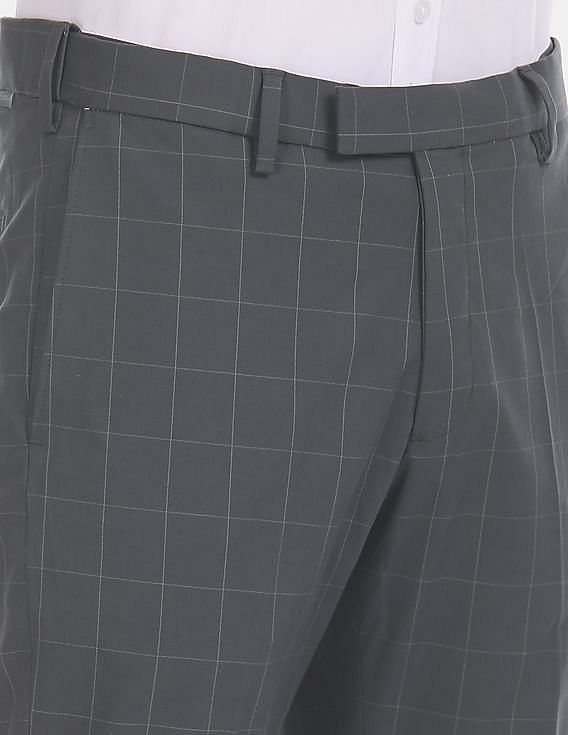 USPA Tailored Grey Slim Fit Check Formal Trousers