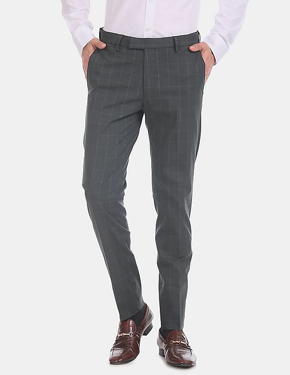 USPA Tailored Grey Slim Fit Check Formal Trousers
