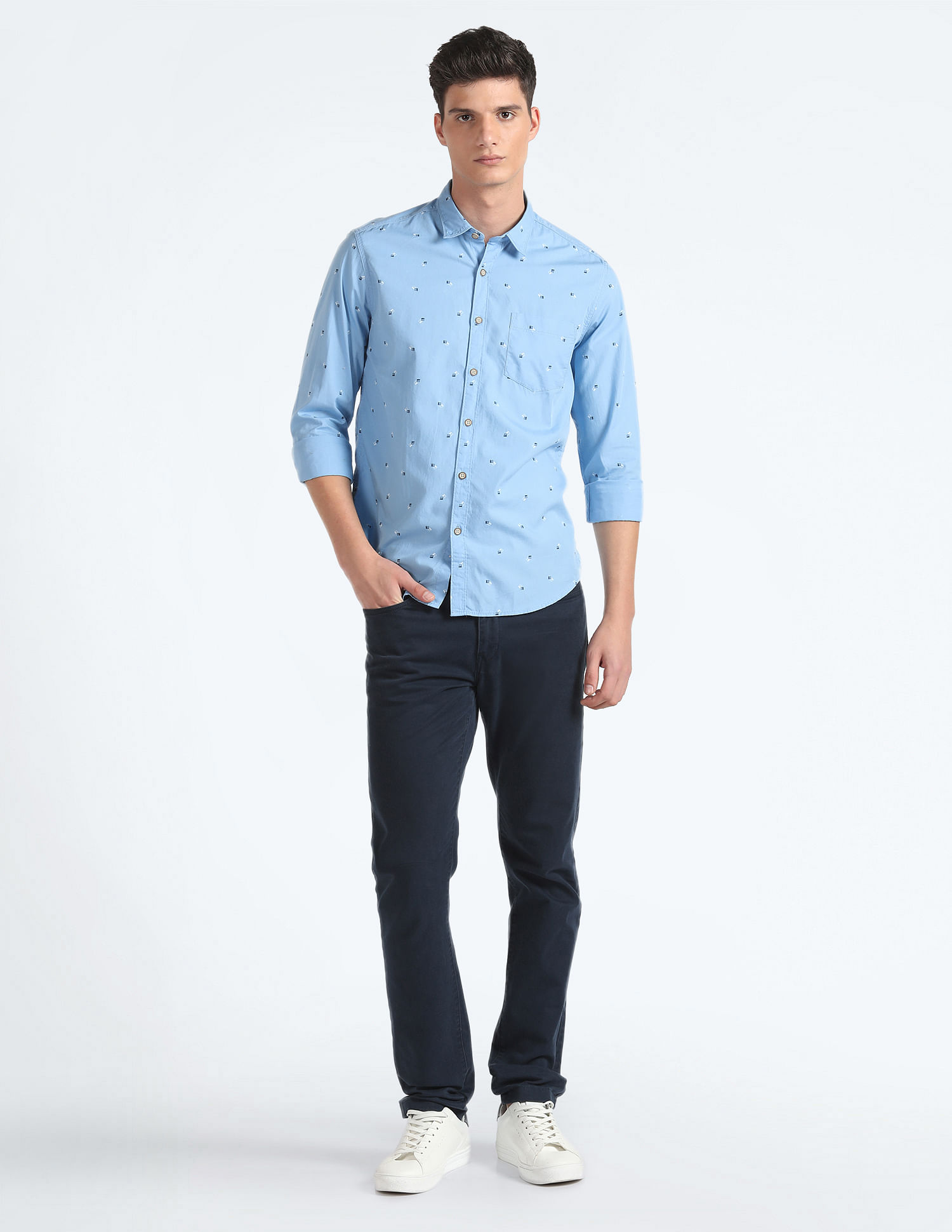 Flying Machine Spread Collar Geometric Print Shirt