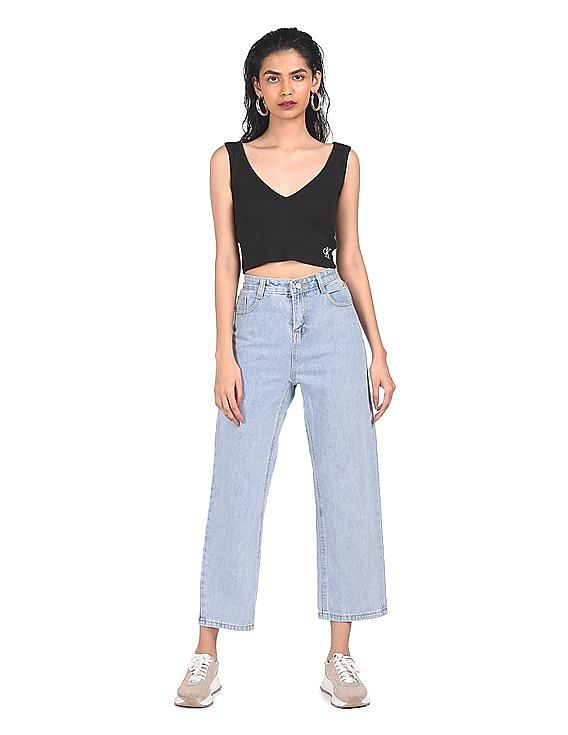 Calvin Klein Women Black V-Neck Ribbed Crop Top