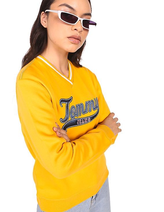 Buy Tommy Hilfiger Women Yellow V-Neck Varsity Sweatshirt
