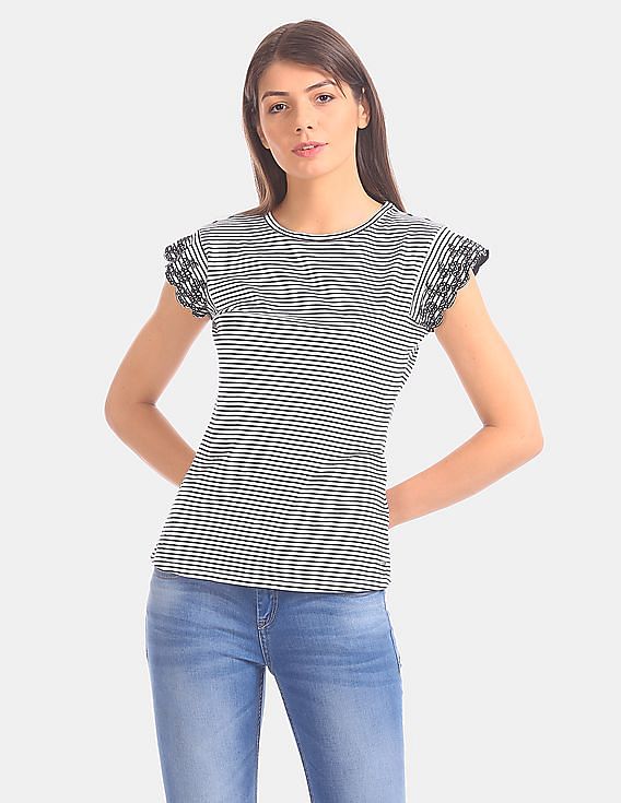 U.S. Polo Assn. Women White Cap Sleeve Striped Top