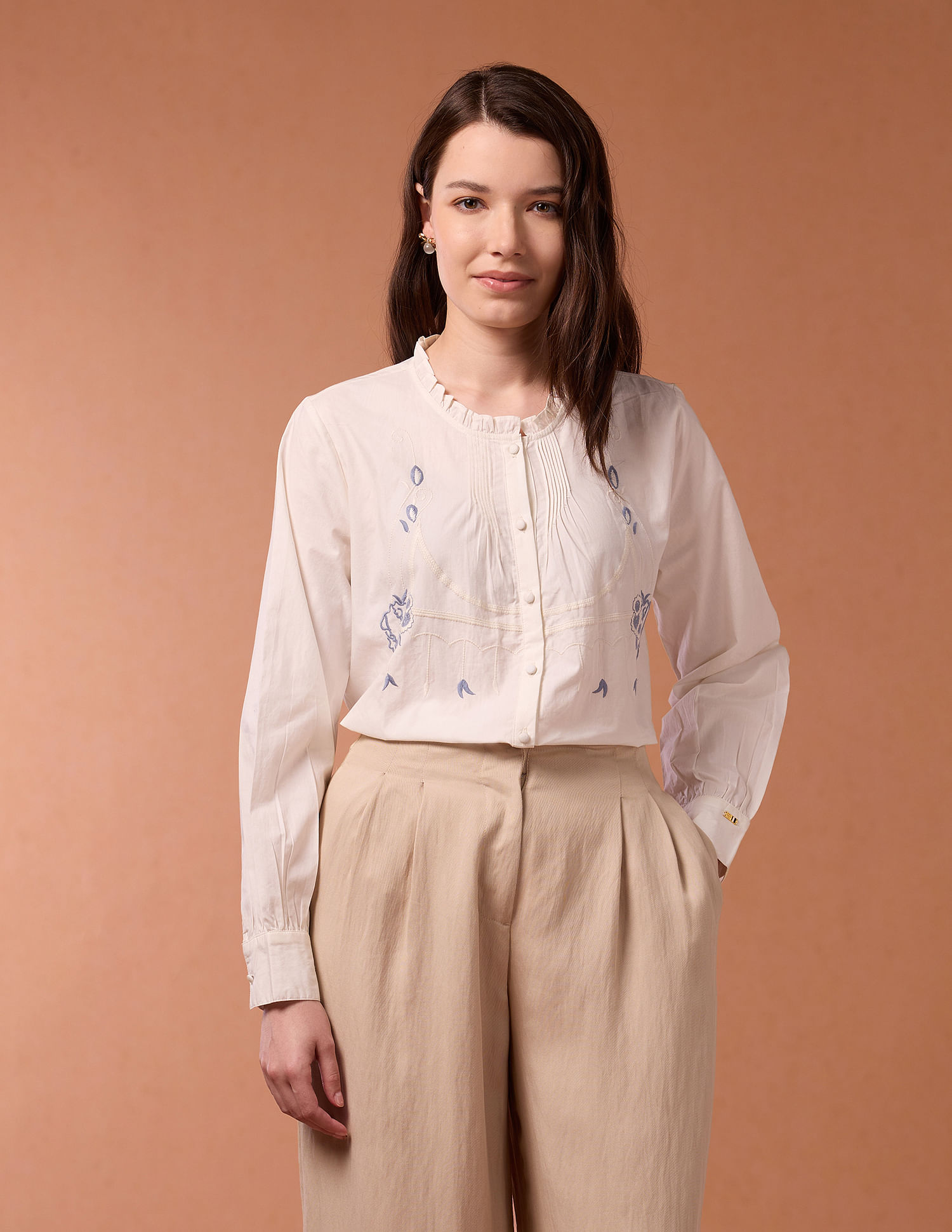 U.S. Polo Assn. Women Embroidered Pin Tucked Poplin Top