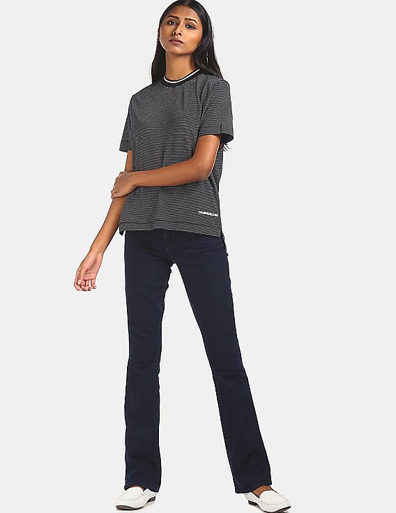 Calvin Klein Women Black Ribbed Round Neck Metallic Striped T-Shirt