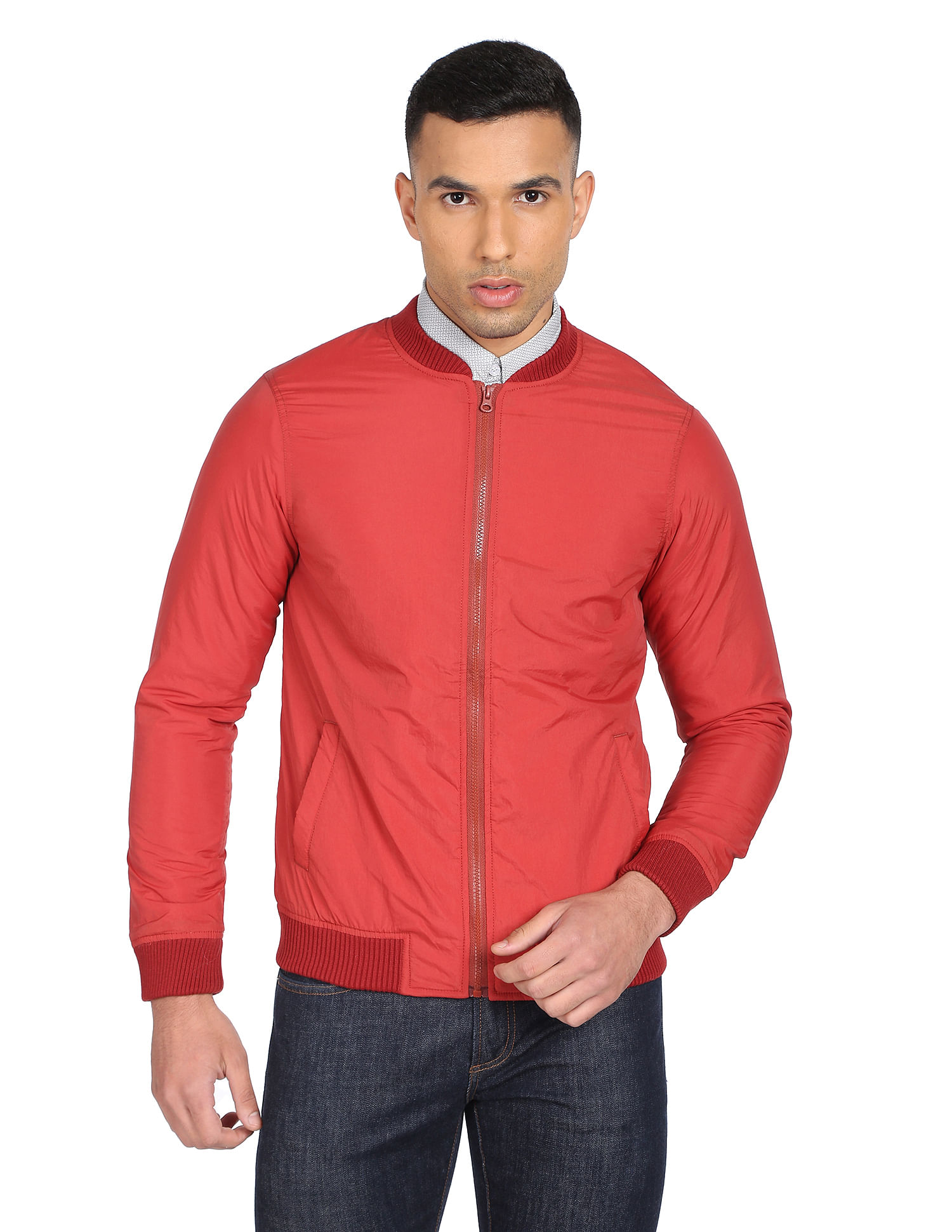 Buy Ruggers Men Red Stand Collar Nylon Bomber Jacket 