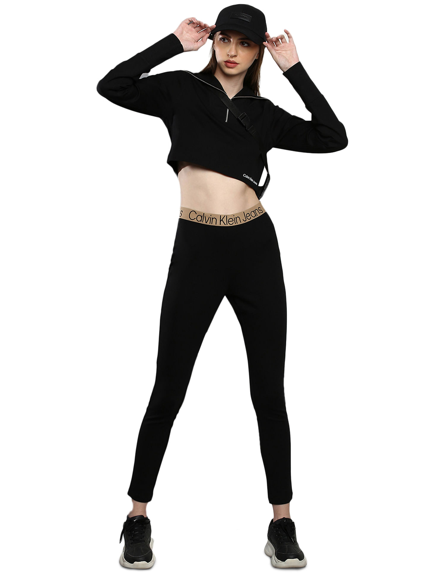 Buy Calvin Klein Women Black Contrast Waistband Logo Milano Leggings | Sport-Leggings