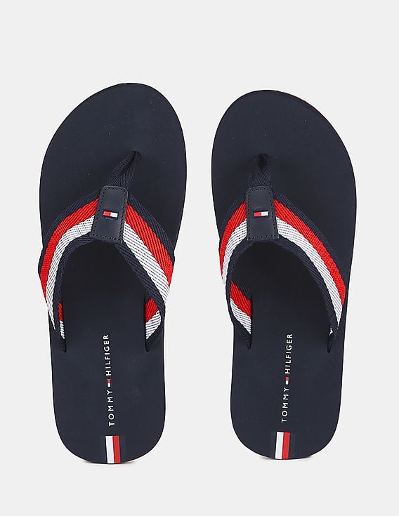 Tommy Hilfiger Men Navy Brand Striped V-Strap Flip Flops