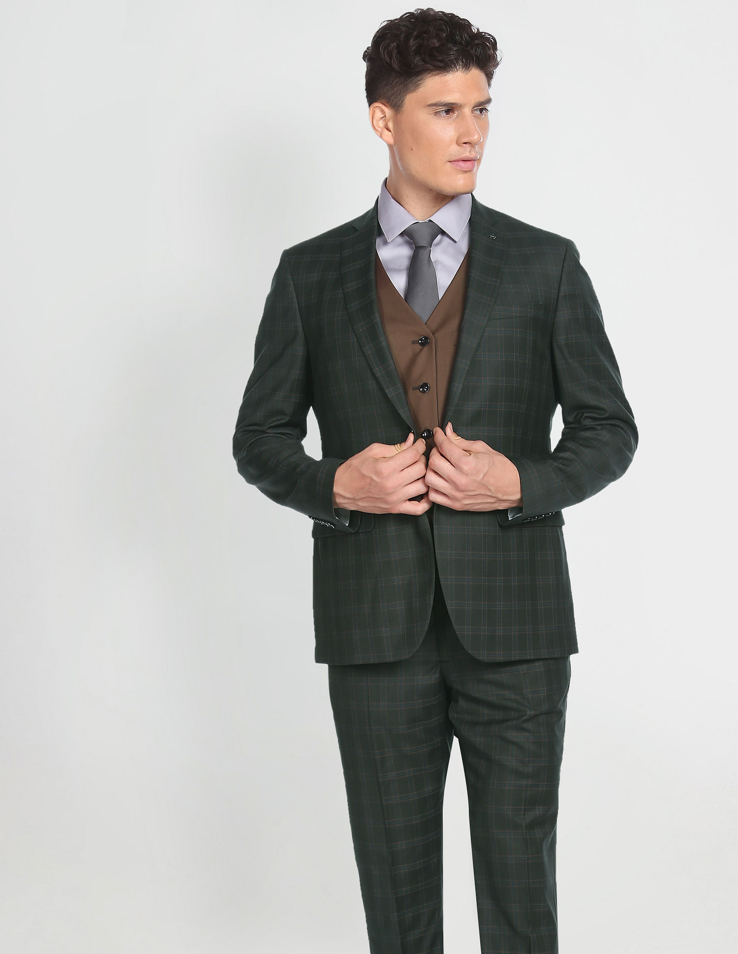 Slim fit navy blue suit with grey waistcoat