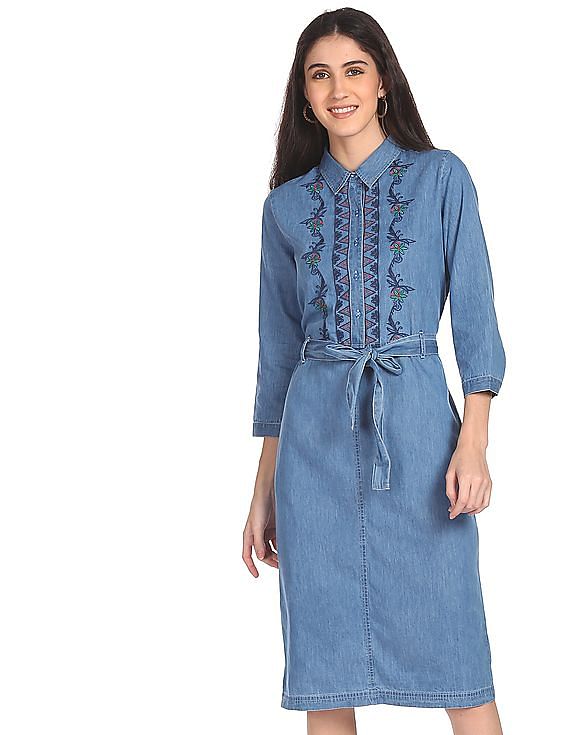 Flying Machine Women Spread Collar Washed Dress