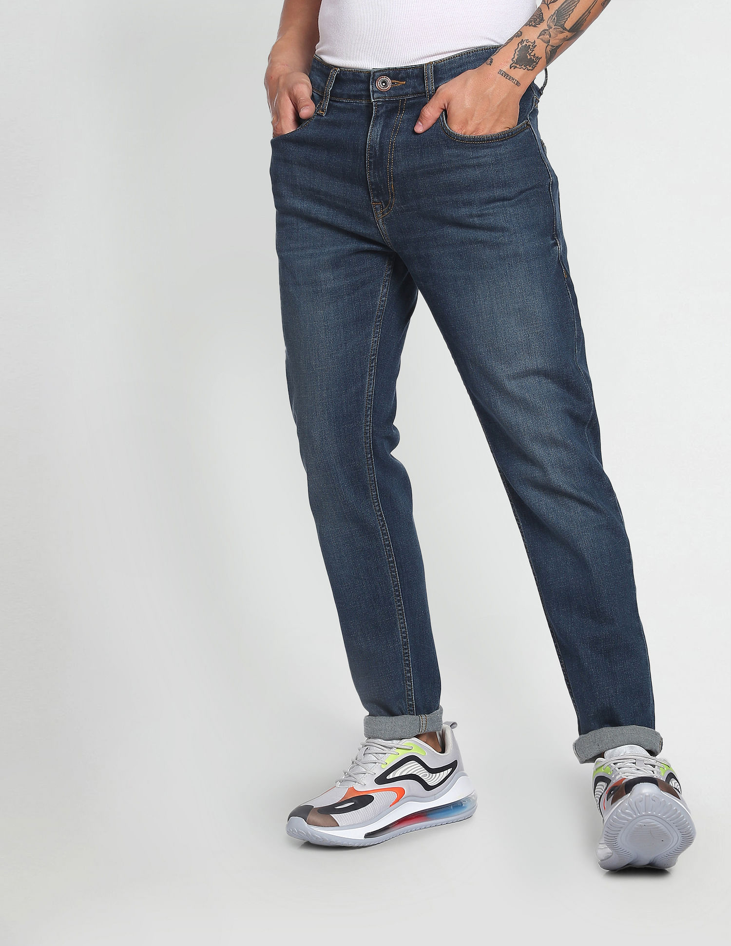 Flying Machine Mid Rise Slash Slim Tapered Jeans